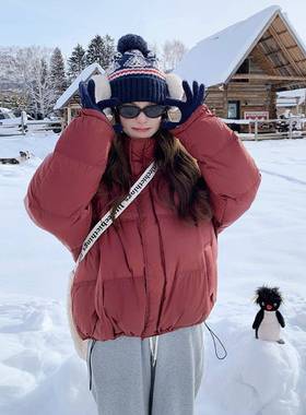 红色韩小子连个帽绒羽绒服女系冬新款休闲厚百搭保暖加c182-Y85外