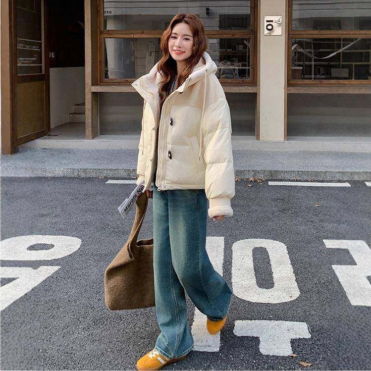 米白色连帽羽绒c225-291服女年小冬新款时尚保暖加厚白鸭绒子个季