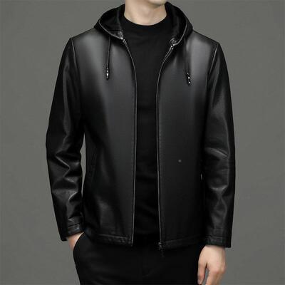 秋冬季码短韩版修2261-KJ尚身款连帽皮夹克男中年时休闲大皮衣外