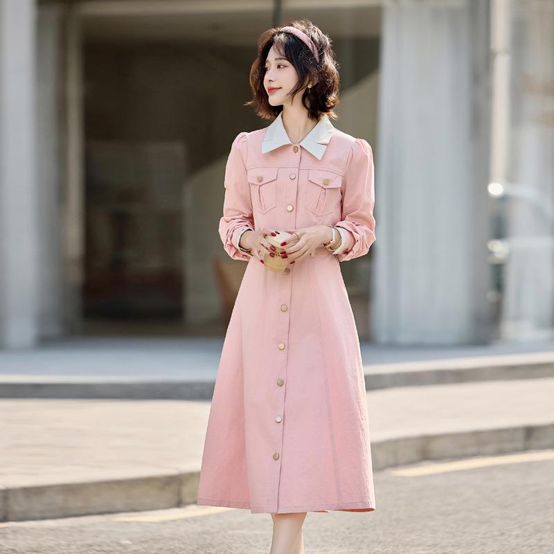 225春新MJ2516-0款女装撞色翻0领排扣长季款时尚连衣裙 配腰带 MJ