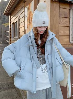 浅蓝色超好看针织连帽款D044-251绒服女冬季减短龄保暖白鸭绒外羽