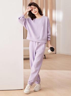 浅休紫色闲运动服装女色春秋新款小个子纯圆领ZMENG288卫衣套裤两