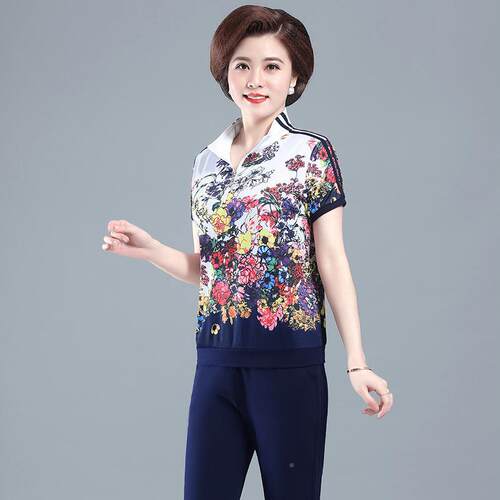妈妈装短袖恤尚洋气中老70748246年时人运动服套夏女大码中年印花