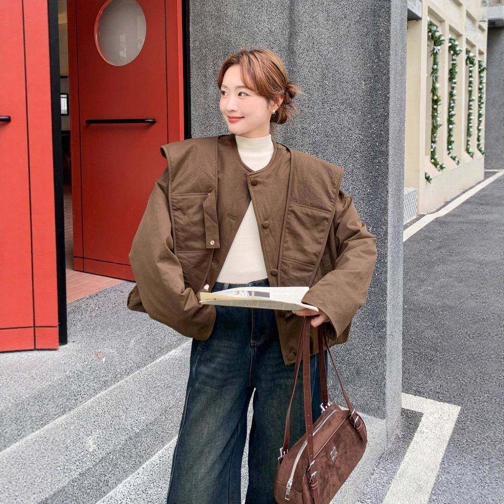 色复古可拆C087-185卸连帽棉服外套女短咖款冬小暖个加子绒加厚保