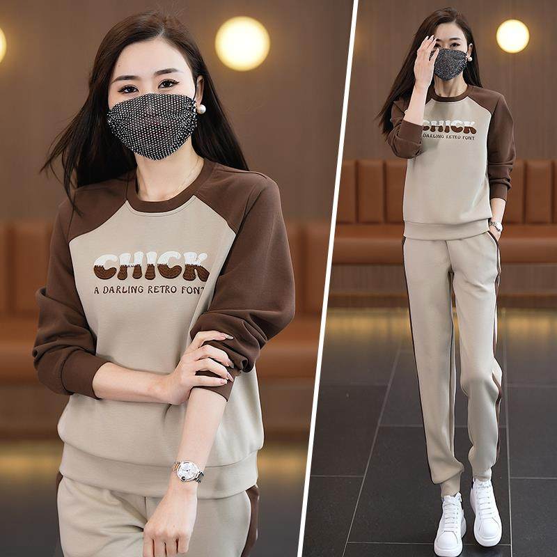 76215552气质圆领动服套装女春运秋衣季年新款时尚女件士卫休闲服