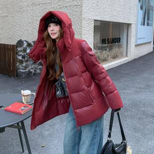 红色古高级感短款帽连羽绒服B27-281女冬小个子复气保暖白鸭洋绒