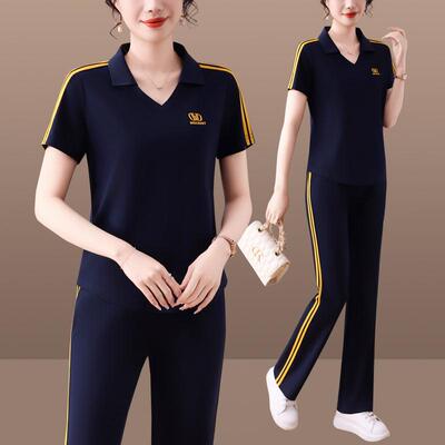 修身显纯棉休闲运动时套装女尚夏天瘦短袖两裤件套微阔直89869754