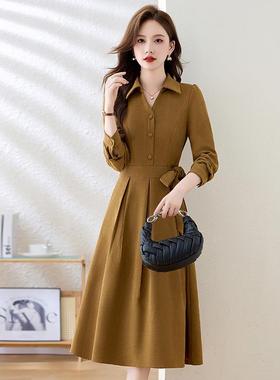 SW185820衣24秋季简新款收腰显瘦通勤时约尚翻领气质长裙系带连裙