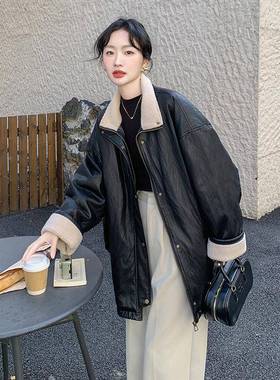 毛黑色中长款羊毛仿皮一体新c129-99外套款女冬设计感羔加绒机车