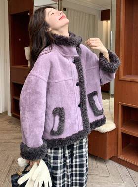 紫色仿皮毛一体羊羔毛棉外套加女款新小b257-585个子短款服韩系厚