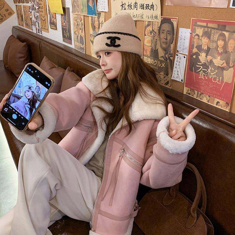粉b100-500色羊羔毛外套冬女款高级感仿新皮毛一体加小个减龄厚子