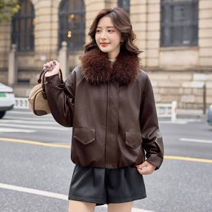 时尚毛领加绒夹EQR皮衣外套女冬季新款个子小宽皮克松
