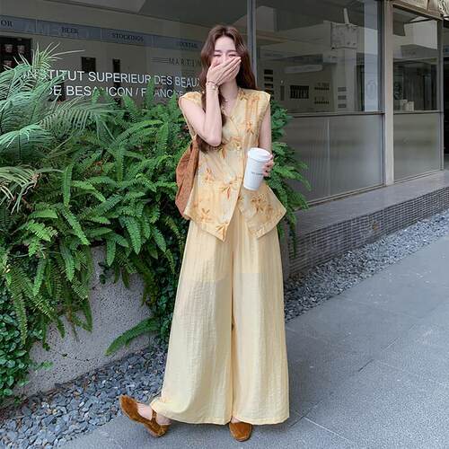 色高花级感御C395-252姐范国风绣上衣套装女夏季新款黄阔腿裤两件
