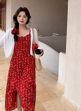 2025新XZ136-03款百碎花裙红色不规则裙1吊带裙搭长外套两件套连