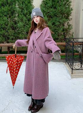 氛围感紫色双羊绒衣女冬季气质温柔呢风C200-Y6过膝面长款毛大外