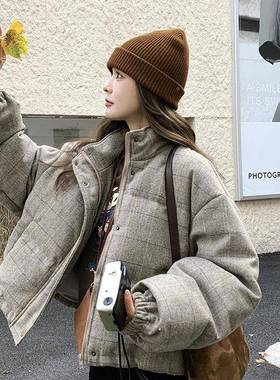 黑灰色格子毛羽绒B100-702个服女冬呢新款小子学院季风美式复古短