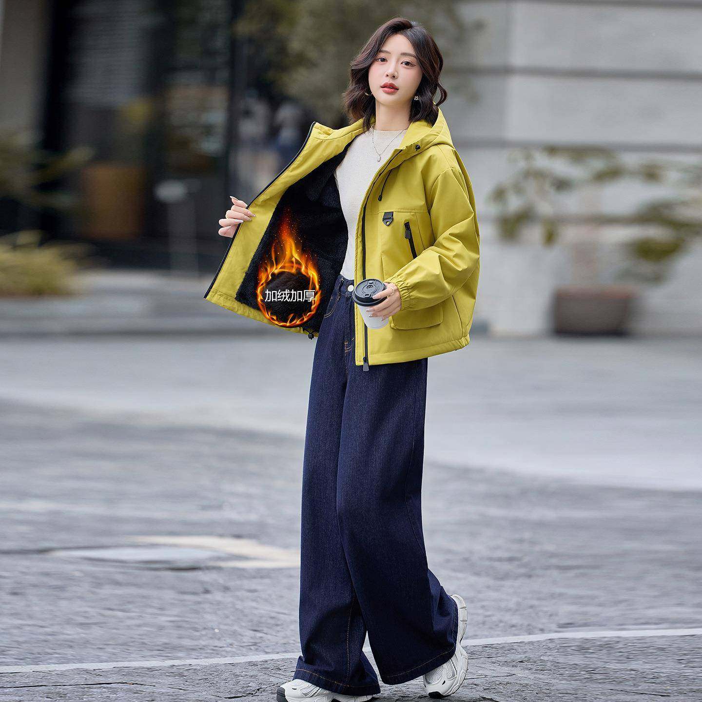 205秋季新款女装百搭休闲时外套加绒宽松暖连帽上衣尚女保L2U90LU