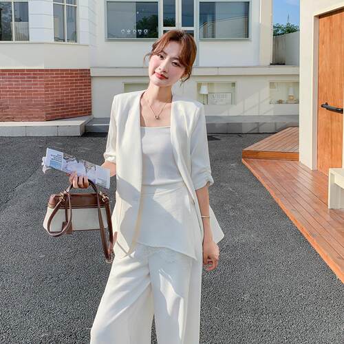 弛感色短袖领西装阔腿裤松套装女夏D058-B05季新款端气质两高件白