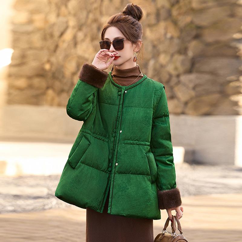 修身新中式提花羽绒服202冬ZQ80-120季中长款抽绳显4瘦白8鸭绒时