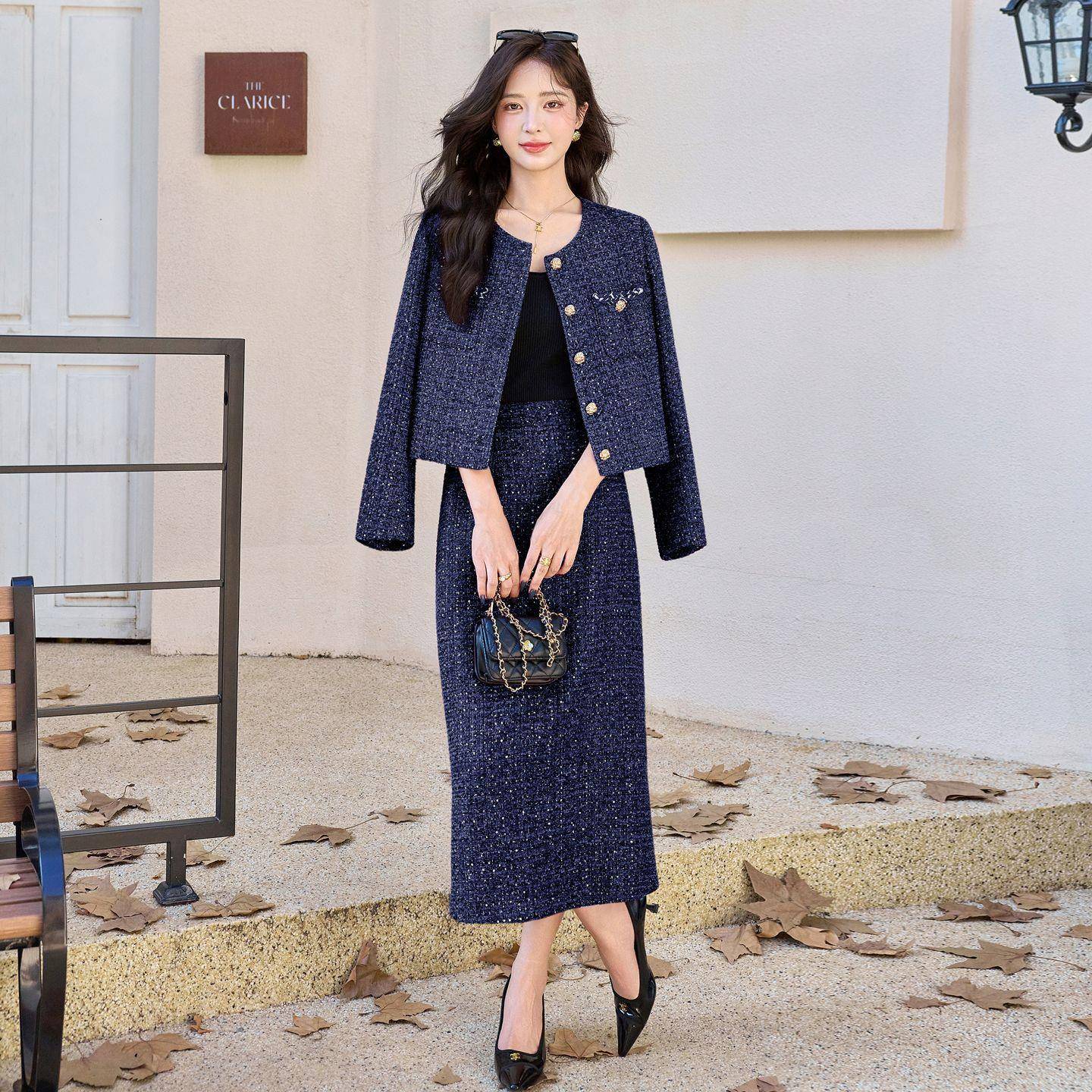 显小风时尚套装年秋季新款粗花呢外香套半身ZYA8650J裙两女件套瘦