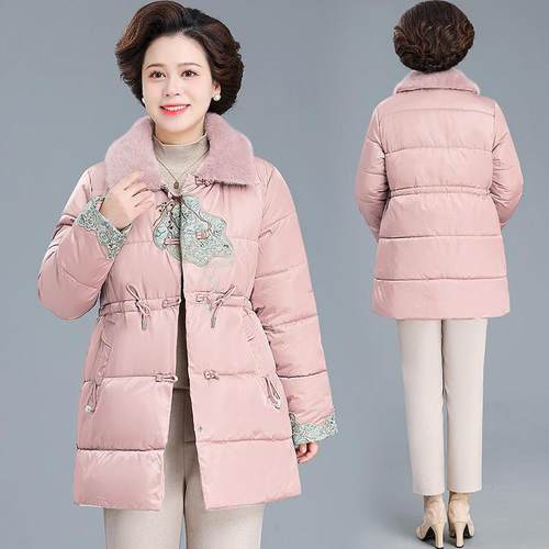 8419891妈年冬装外套棉衣中人洋气秋冬棉岁中老年女中长款羽妈绒