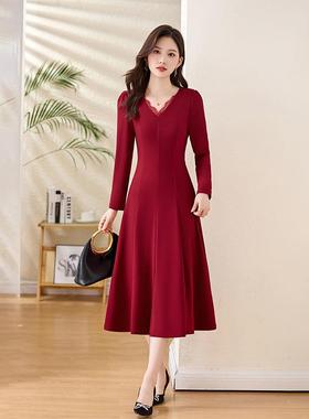 红色气瘦质V领Z5657-09连衣裙秋202女5新款裙收腰显高端时尚长袖