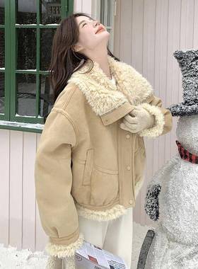 羊羔蓝色仿皮毛一体羊羔毛毛外大套女冬翻季新款领c22-160洋气学