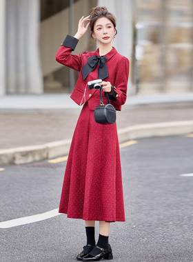 瘦205YF2628-0秋冬红色时尚洋气2显蝴2蝶结外套半裙小香风时尚套