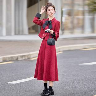 套 洋气2显蝴2蝶结外套半裙小香风时尚 瘦205YF2628 0秋冬红色时尚