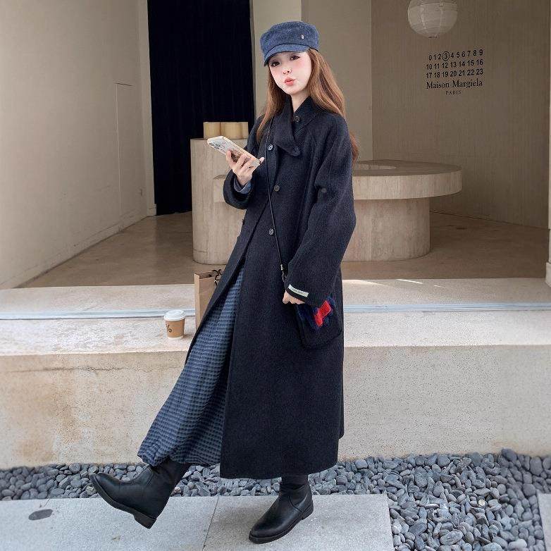 新高级感黑色双面羊毛大女冬款立衣领双排呢扣时b169-851尚长款毛