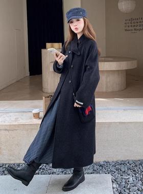 新高级感黑色双面羊毛大女冬款立衣领双排呢扣时b169-851尚长款毛