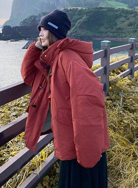 红色扣绒服女季新款韩系高冬级感牛角白鸭绒工装羽连B1-722帽派克