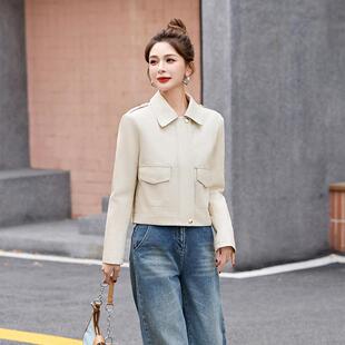 女FGE式皮衣女春尚秋季新款装气质翻领短衣款皮时外套