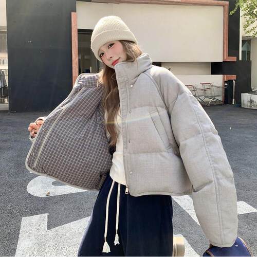 立色格纹拼灰接短款羽绒服女冬小个子保暖领加厚白鸭绒ZR2C182外