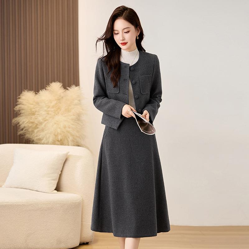 时尚夹棉套装冬SW1867-1新款女小香风加毛呢外套半裙两件套 SW身1