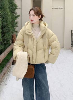 黄色奶短款连帽羽白绒服女冬子新款小个C20-558保减龄暖鸭绒外套
