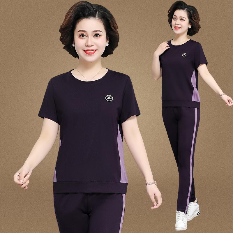 减妈妈夏装短袖恤中动老年女装运服套装年165-1018中洋气两龄件套