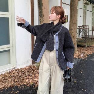 深冬灰色格新子拼接淡人外套女b297-179季款慵风宽懒松小个子短款