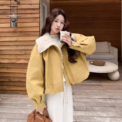 HS3352-1色黄羊羔毛领工装羽绒服外套女冬202S5美新款甜短款小个