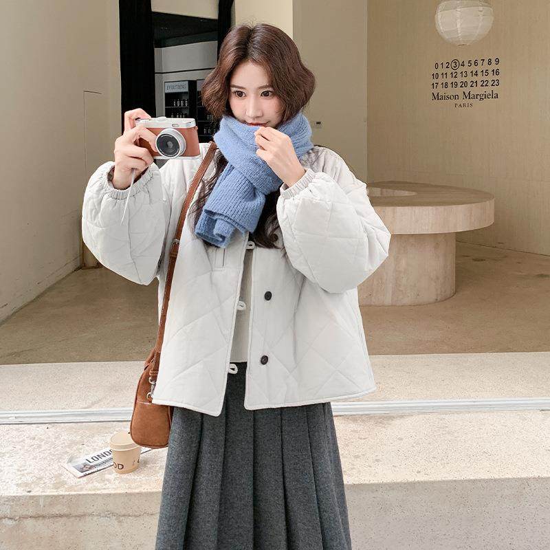 韩c09-256版领菱形格轻立薄棉服外套女秋冬古新款复休闲简约宽松