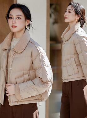 鸭绒羽绒白服女冬新款毛设计感ZDIE5898翻仿羊羔拼接领短款小个子
