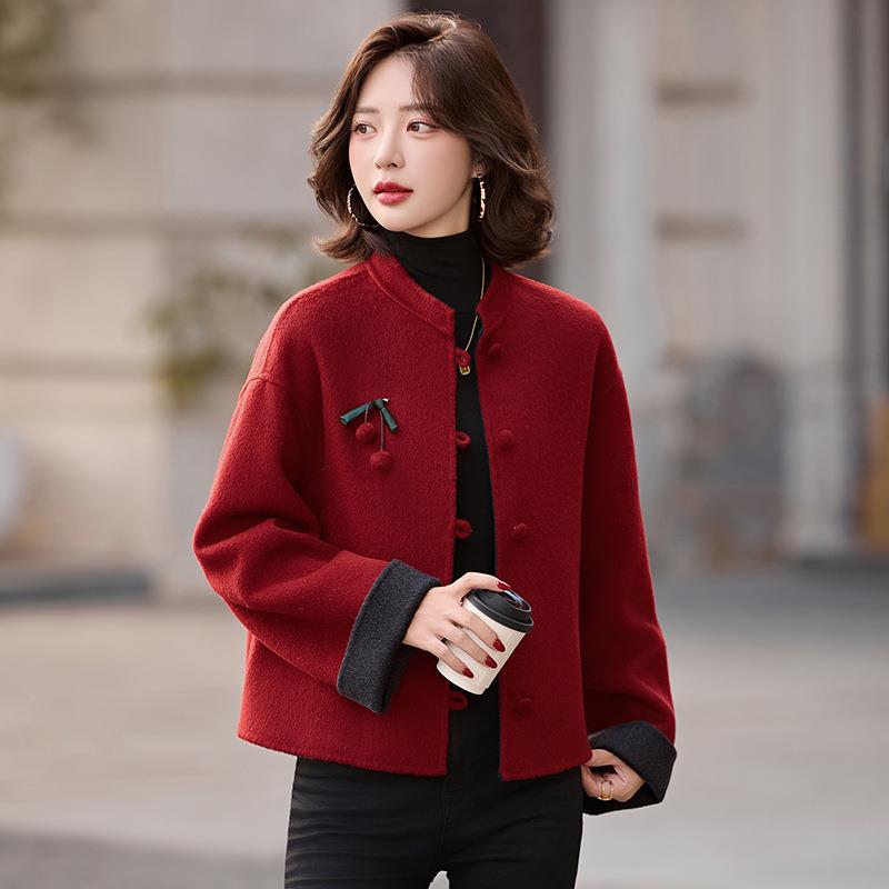 22面5秋冬新款中式风毛格带胸花圆领单0排扣YX86521-气质双羊大衣