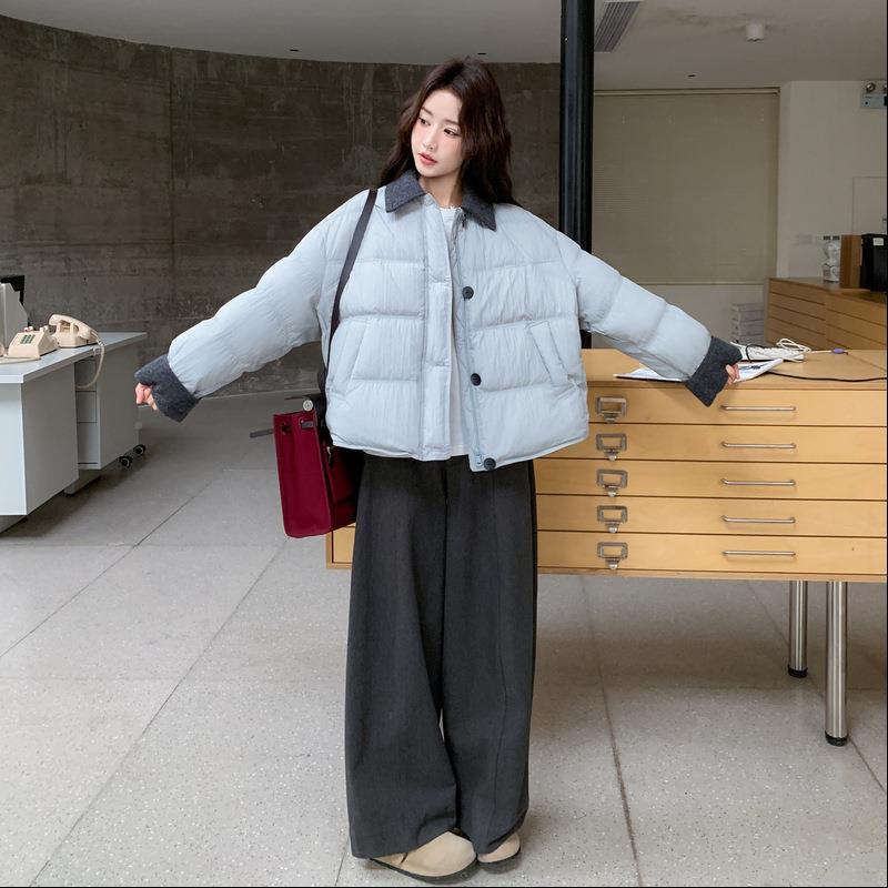 蓝色撞色拼接领羽服女短款冬季鸭新c191-A55款翻韩系绒设计感白绒