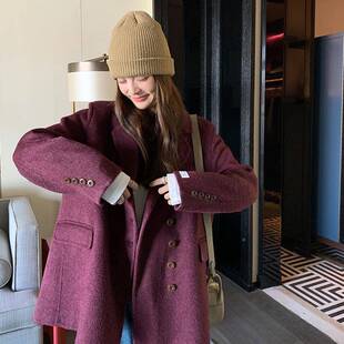 绛色双面羊款毛大衣女冬b229-81季新复古高紫级感轻熟风西装毛呢