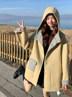 C06-Y61黄色双面呢外女套冬季新款系甜美温柔风连毛帽中长韩款羊