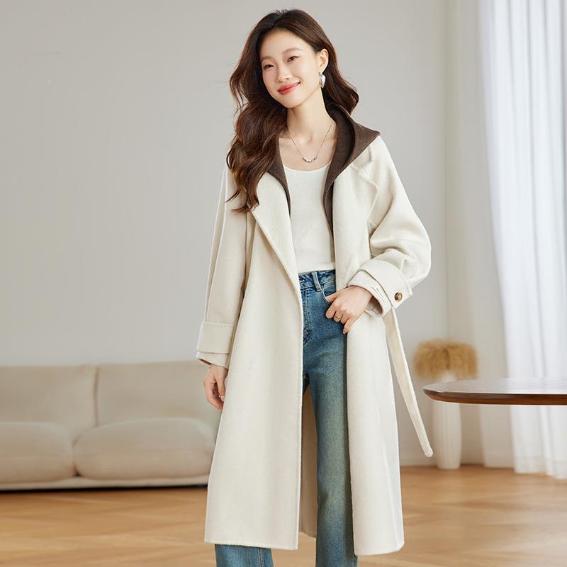 秋季连帽羊毛双面毛呢系大衣外套过膝气质带毛大衣女冬 ZZH1122H1