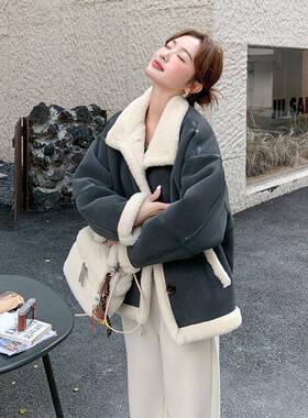 D09-L55深灰色超好看仿皮毛一体套女短款冬新外韩版加厚羊羔款棉