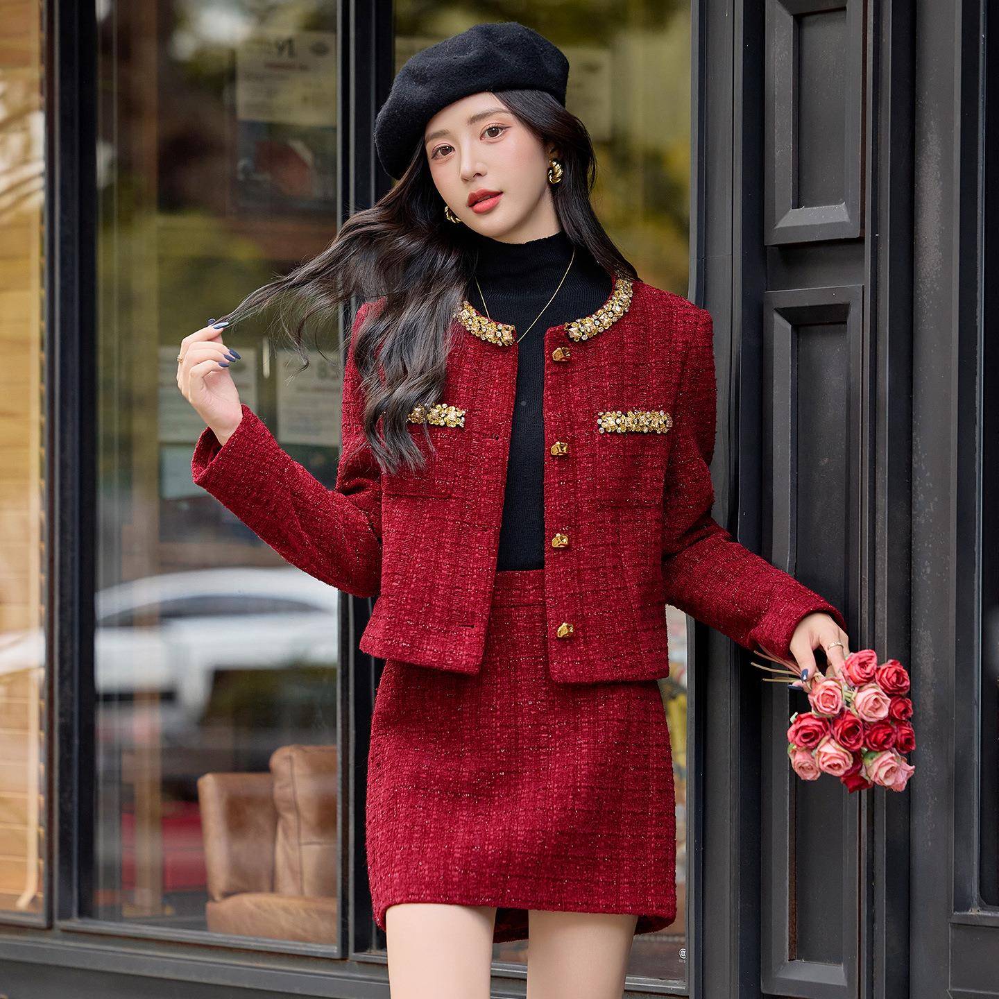 时高女级感尚套装2025秋新款亮片小香风ZQ25251-外套短裙件套裙两