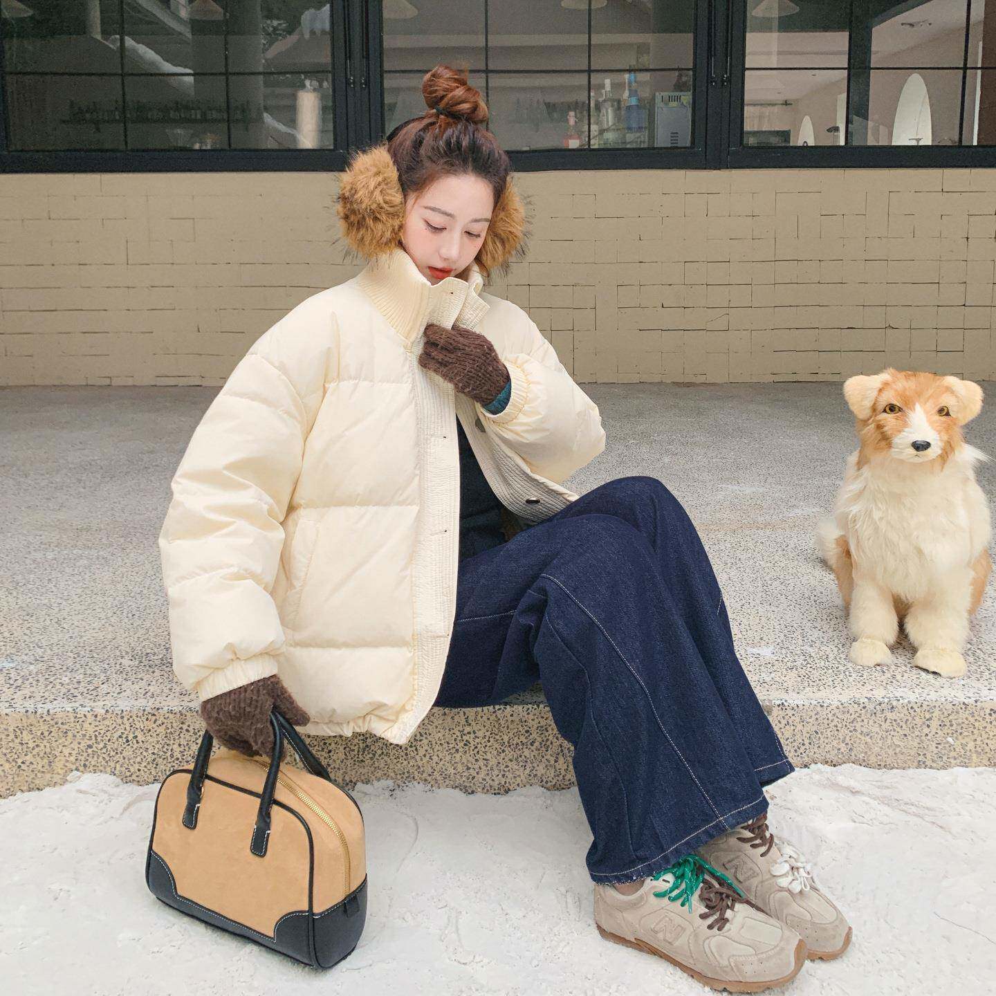 米白色2B187-AD冬羽绒服女季新款韩系宽松白加厚鸭绒针面织拼接包