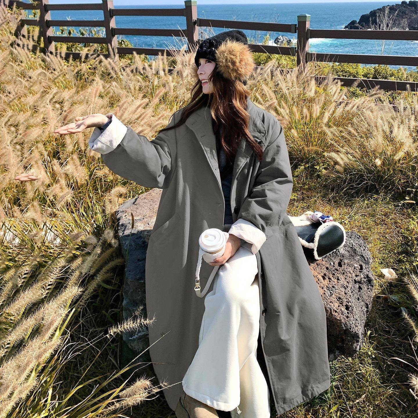 休卡色派克服女季冬新款韩系工装闲长款立其C085-Q12领白鸭绒加厚